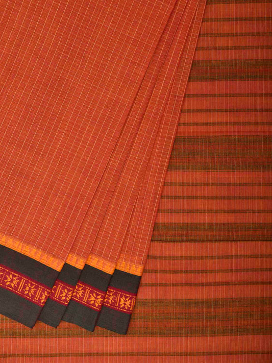 Orange and Green Narayanpet Cotton Handloom Saree with Checks Design No Blouse np1384