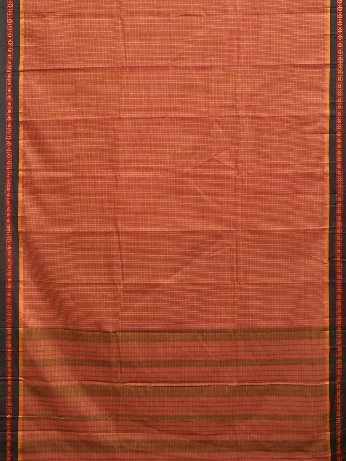 Orange and Green Narayanpet Cotton Handloom Saree with Checks Design No Blouse np1384