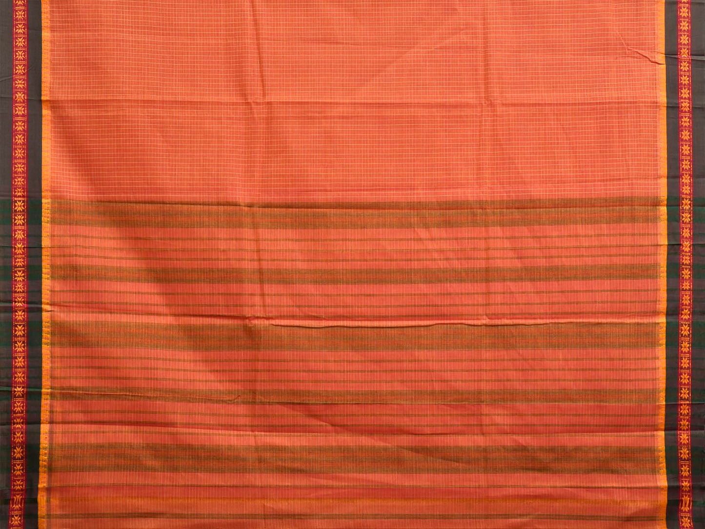 Orange and Green Narayanpet Cotton Handloom Saree with Checks Design No Blouse np1384