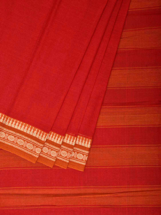 Red and Mustard Narayanpet Cotton Handloom Plain Saree with Strips Pallu Design No Blouse np1385