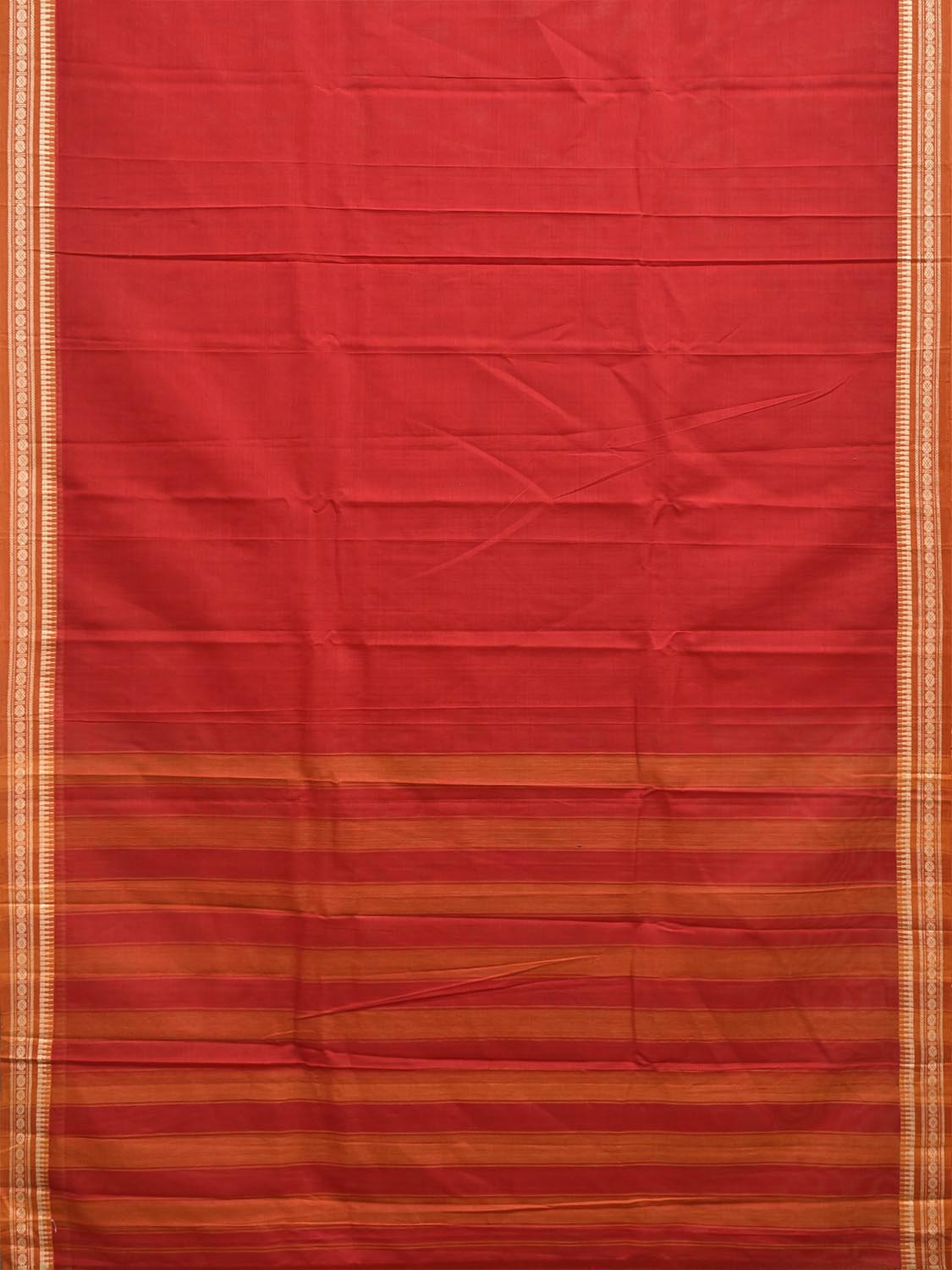 Red and Mustard Narayanpet Cotton Handloom Plain Saree with Strips Pallu Design No Blouse np1385
