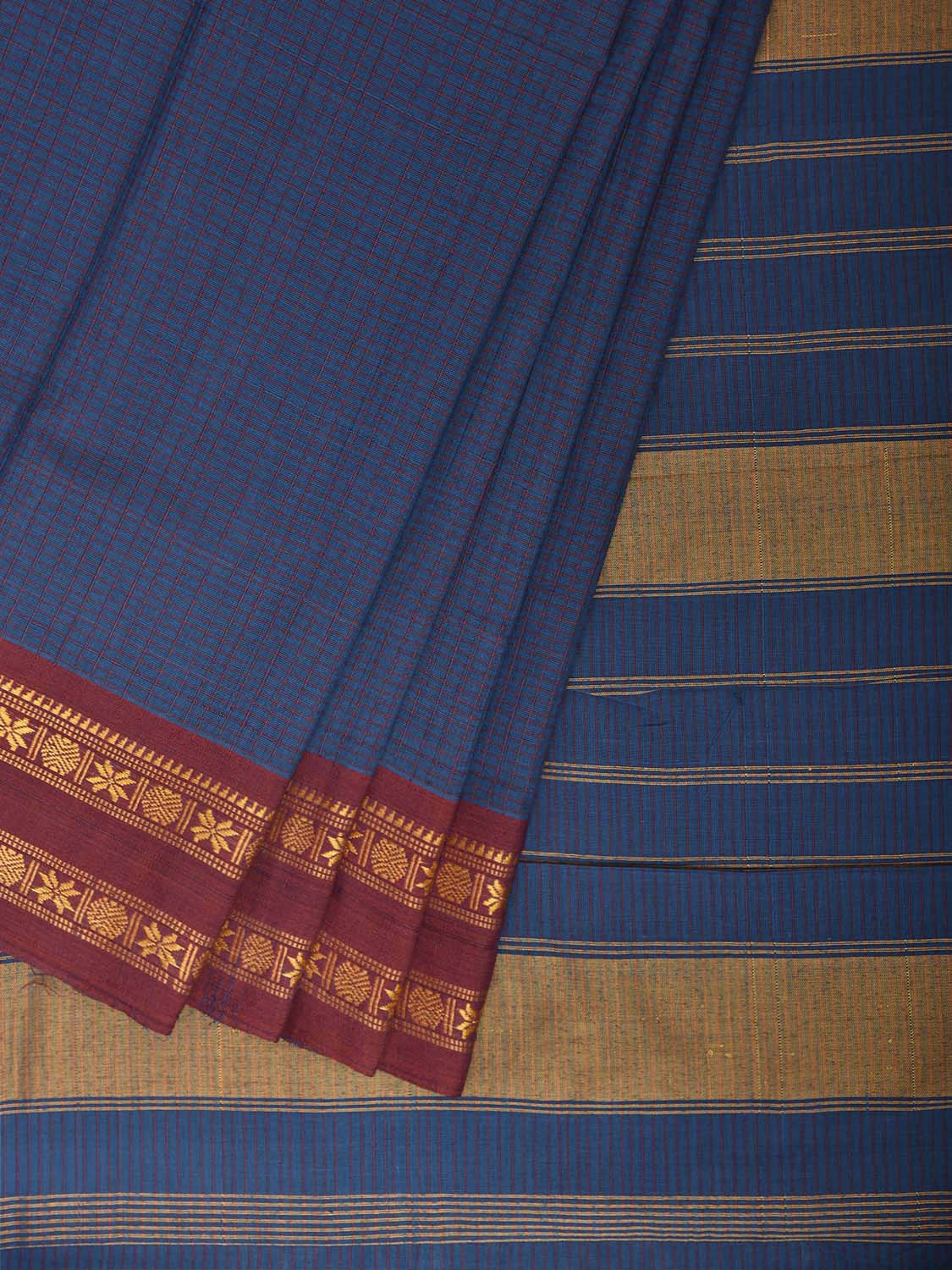 Blue and Maroon Narayanpet Cotton Handloom Saree with Checks Design np1387