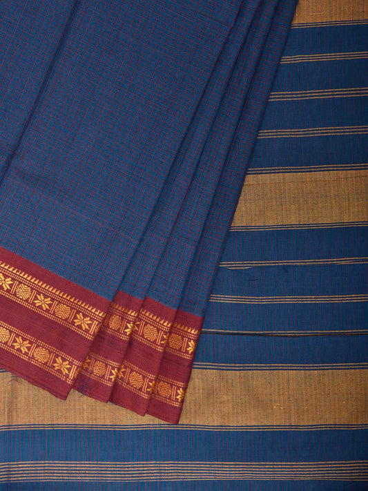 Blue and Maroon Narayanpet Cotton Handloom Saree with Checks Design np1387