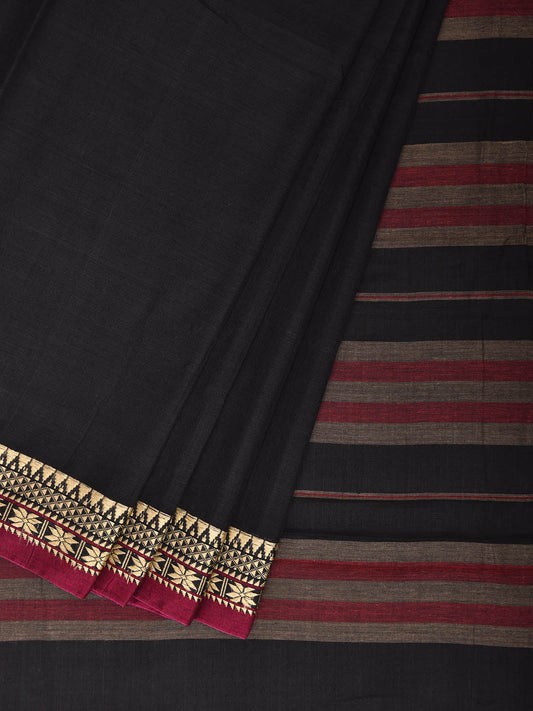 Black Narayanpet Cotton Plain Saree with Strips Pallu Design No Blouse np1388