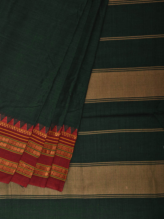 Dark Green and Maroon Narayanpet Cotton Saree with Strips Pallu Design No Blouse np1391