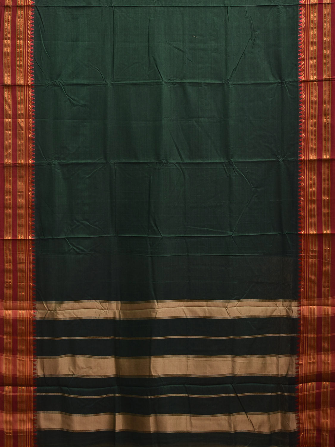 Dark Green and Maroon Narayanpet Cotton Saree with Strips Pallu Design No Blouse np1391