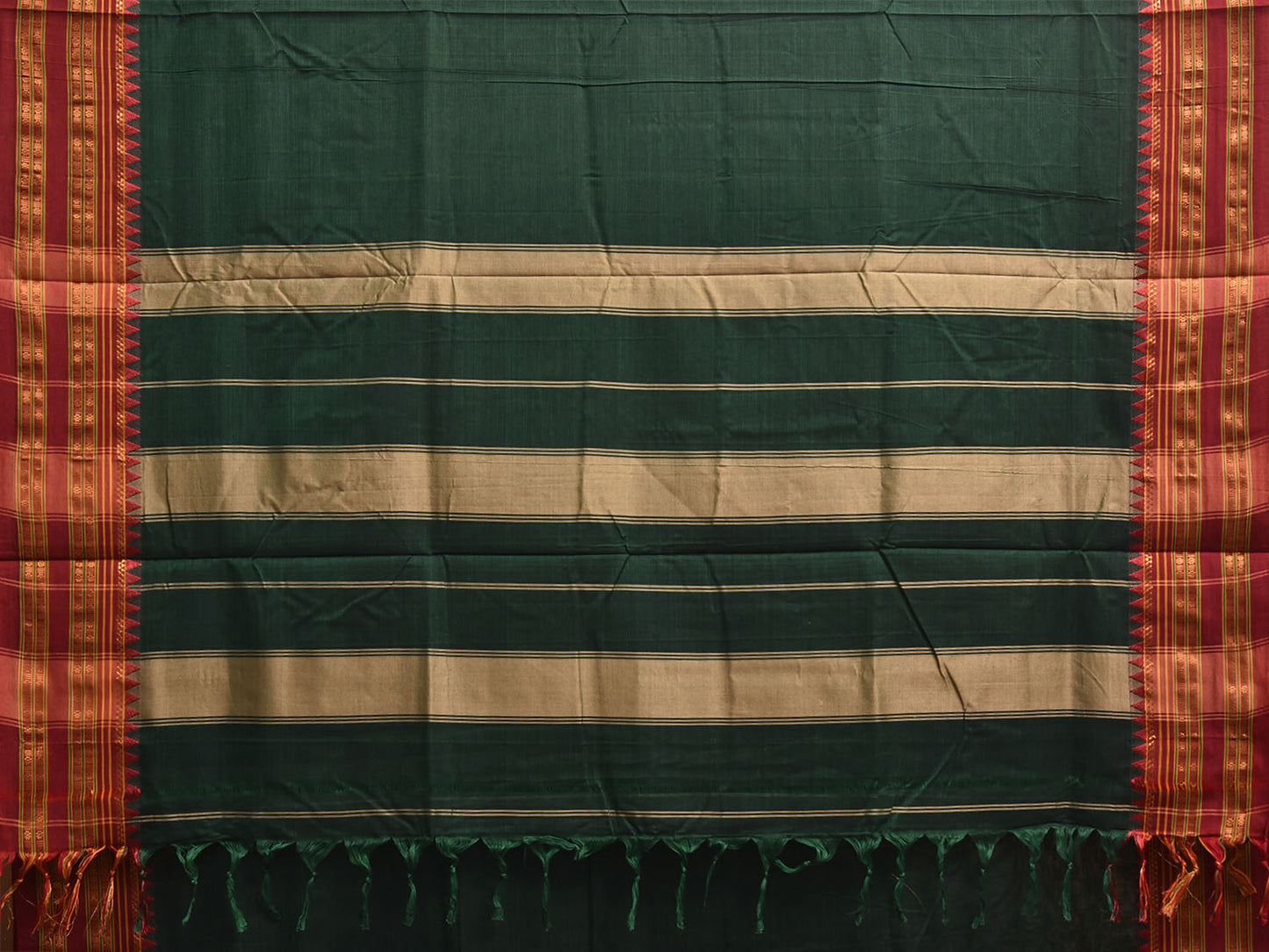 Dark Green and Maroon Narayanpet Cotton Saree with Strips Pallu Design No Blouse np1391