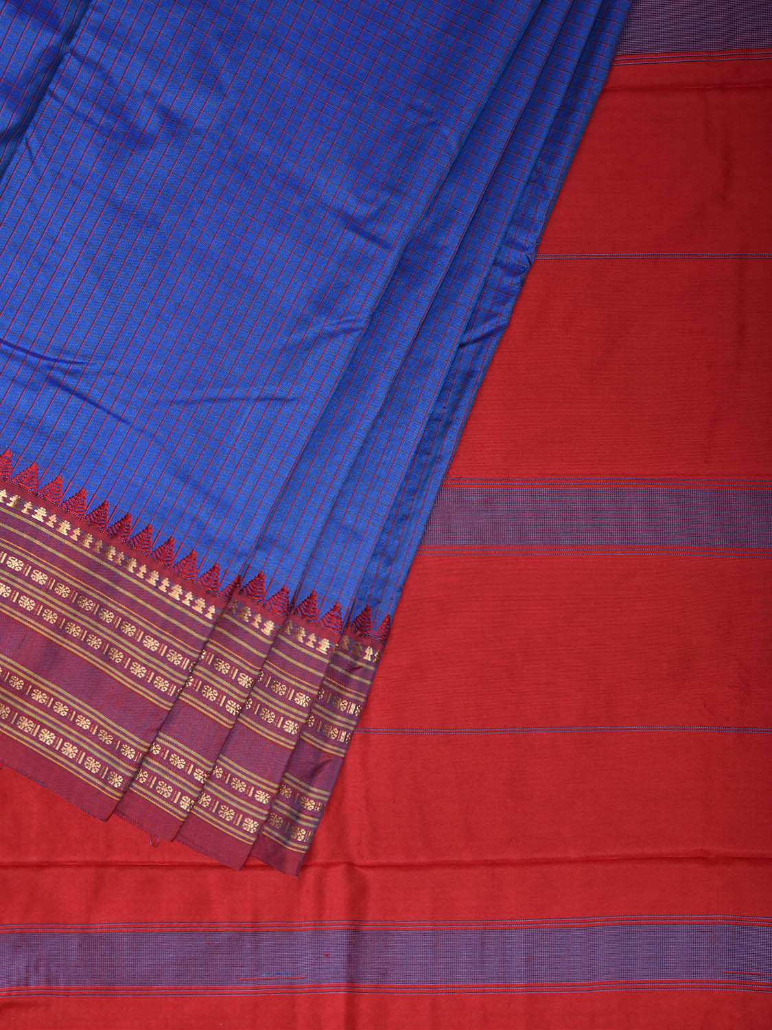 Blue and Red Narayanpet Silk Saree with Check Design np1393