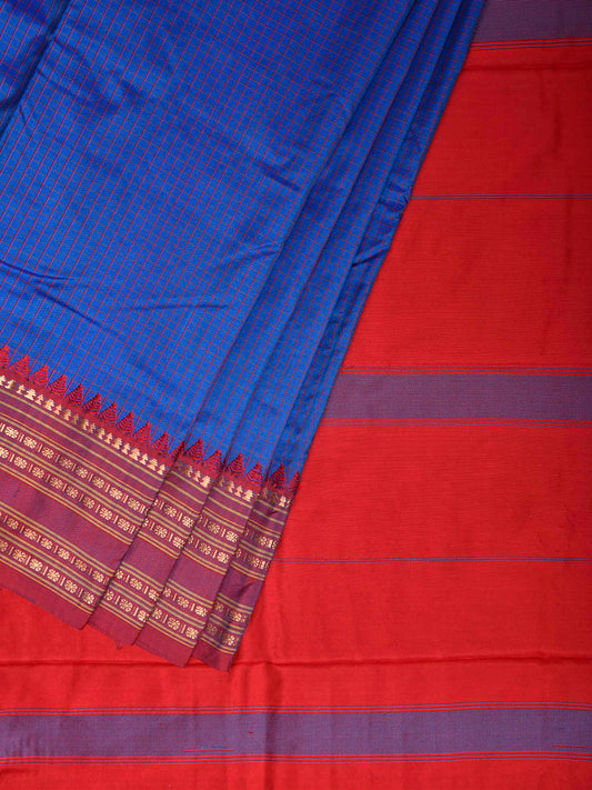 Blue and Red Narayanpet Silk Saree with Check Design np1393