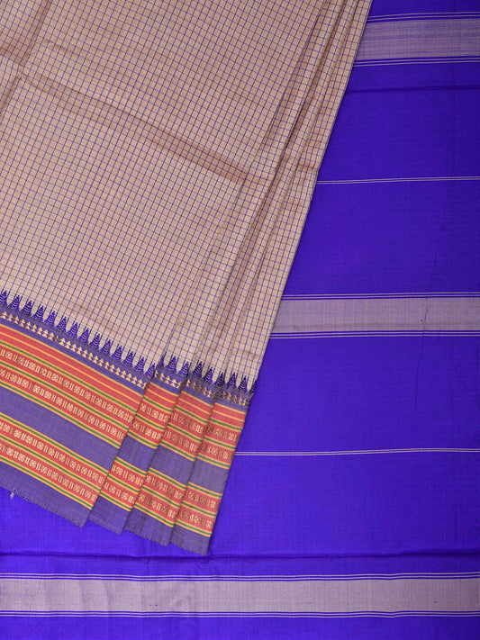 White and Blue Narayanpet Silk Saree with Check Design np1394