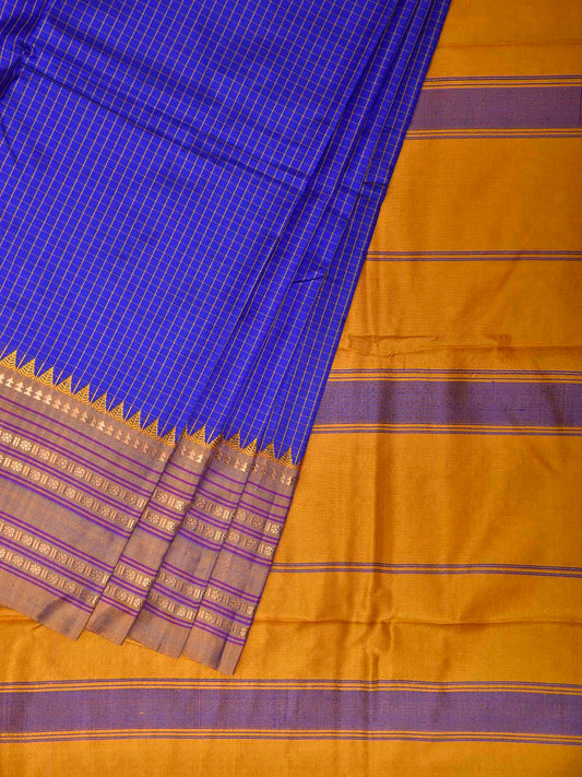 Blue and Yellow Narayanpet Silk Saree with Check Design np1396