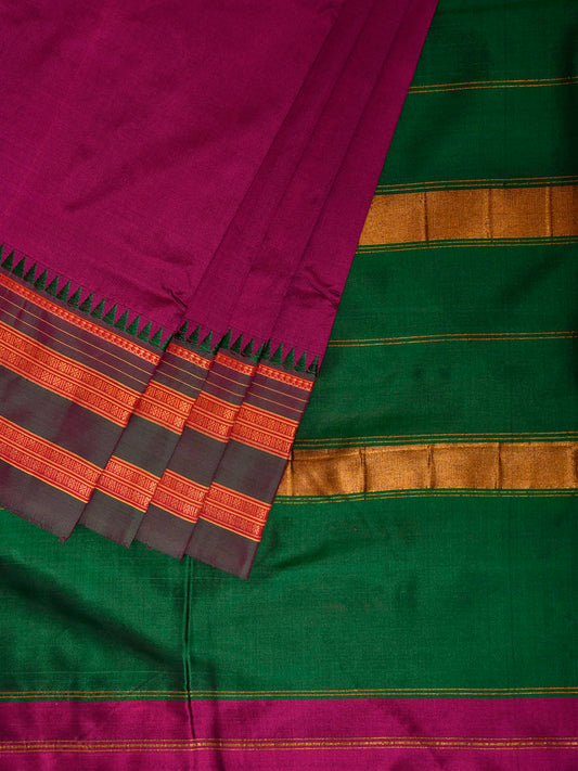 Magenta and Green Narayanpet Silk Plain Saree with Contrast Pallu Design np1397
