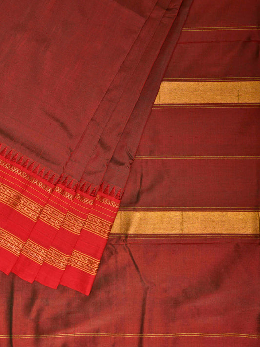 Brown and Red Narayanpet Silk Plain Saree with Contrast Pallu Design np1399