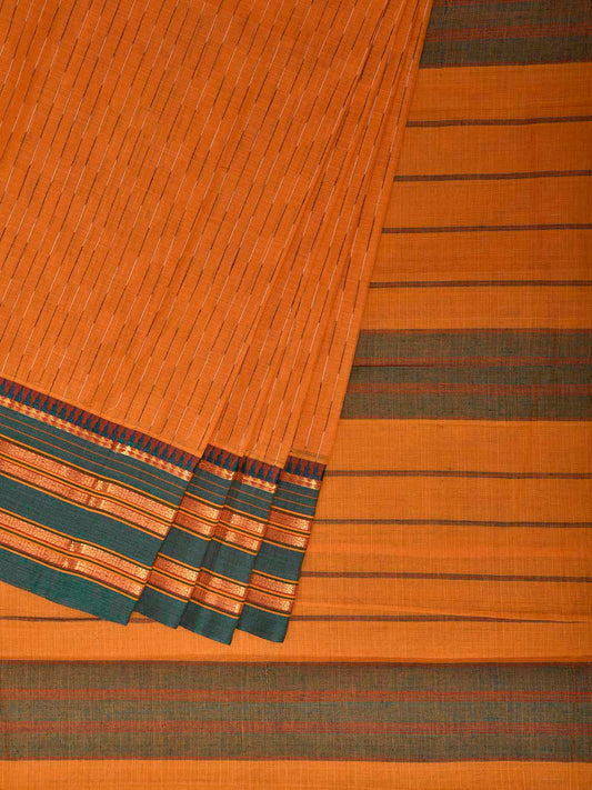 Orange and Green Narayanpet Cotton Handloom Saree with Strips Design No Blouse np1400