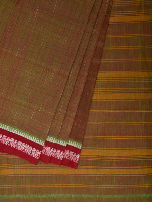 Olive and Dark Red Narayanpet Cotton Handloom Saree with Strips Pallu Design No Blouse np1402