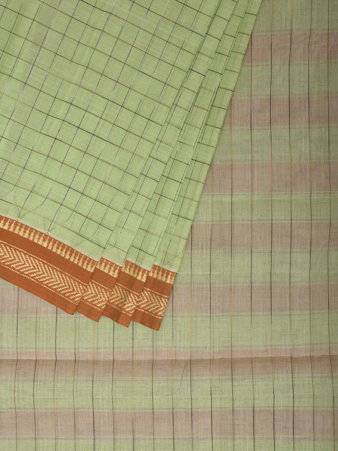 Light Green and Mustard Narayanpet Cotton Handloom Saree with Big Checks Design No Blouse np1403