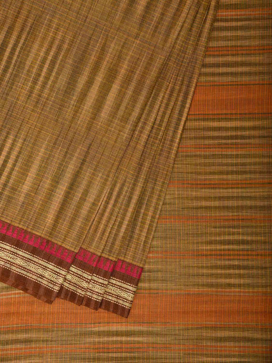 Olive and Orange Narayanpet Cotton Handloom Saree with Strips Design No Blouse np1404