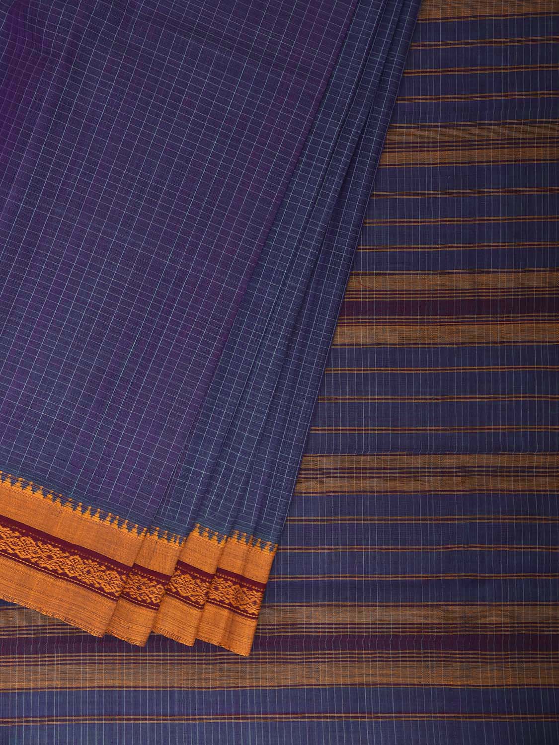 Dark Blue and Yellow Narayanpet Cotton Handloom Saree with Checks Design No Blouse np1406