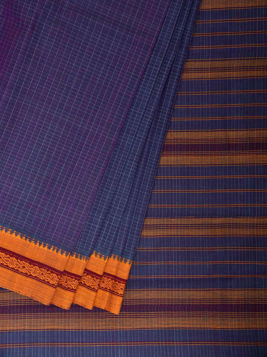Dark Blue and Yellow Narayanpet Cotton Handloom Saree with Checks Design No Blouse np1406