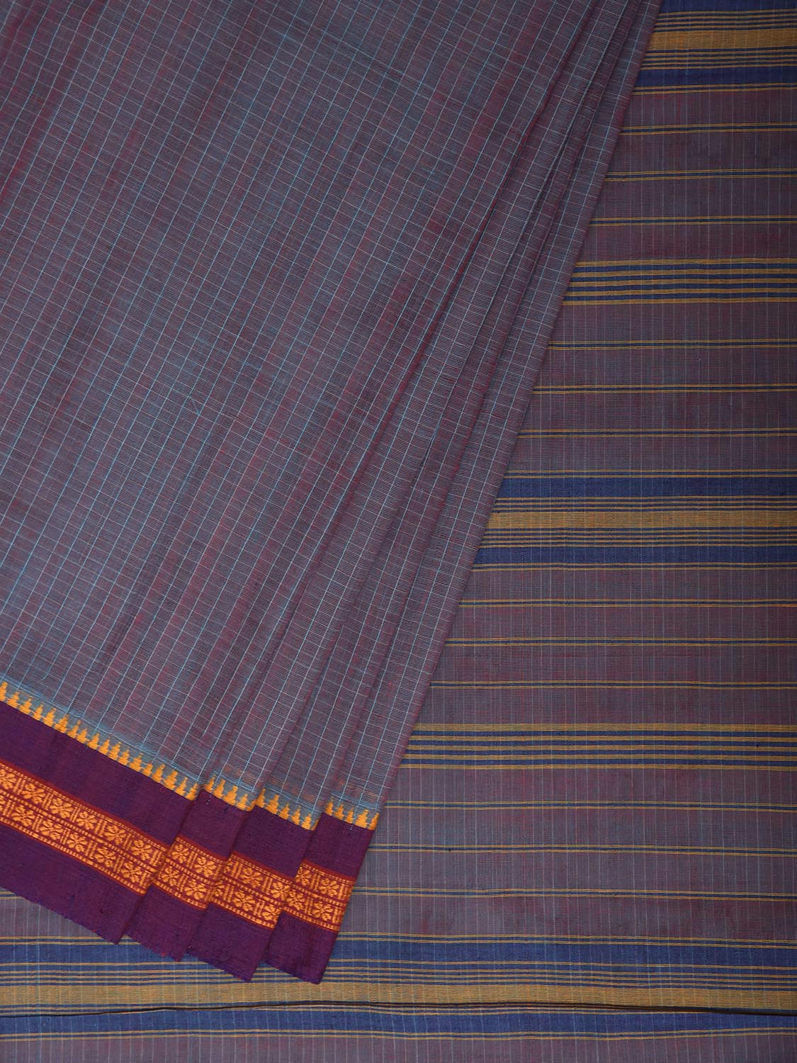 Indigo and Purple Narayanpet Cotton Handloom Saree with Checks Design No Blouse np1408