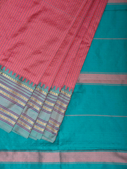 Peach and Turquoise Narayanpet Silk Saree with Checks and Contrast Pallu Design np1409