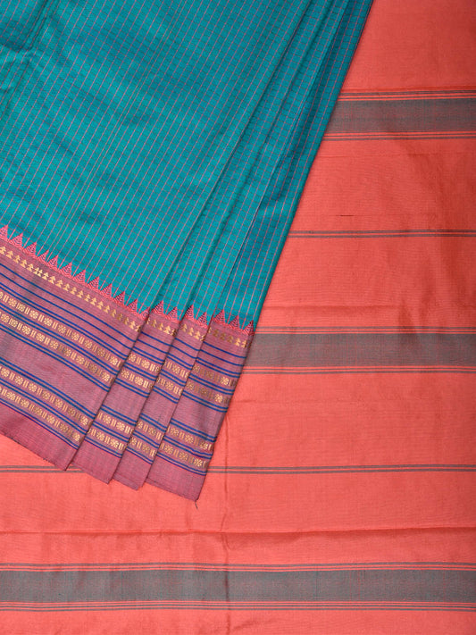 Light Blue and Peach Narayanpet Silk Saree with Checks and Contrast Pallu Design np1410