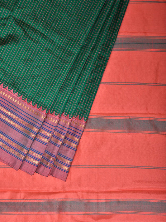 Green and Peach Narayanpet Silk Saree with Checks and Contrast Pallu Design np1411