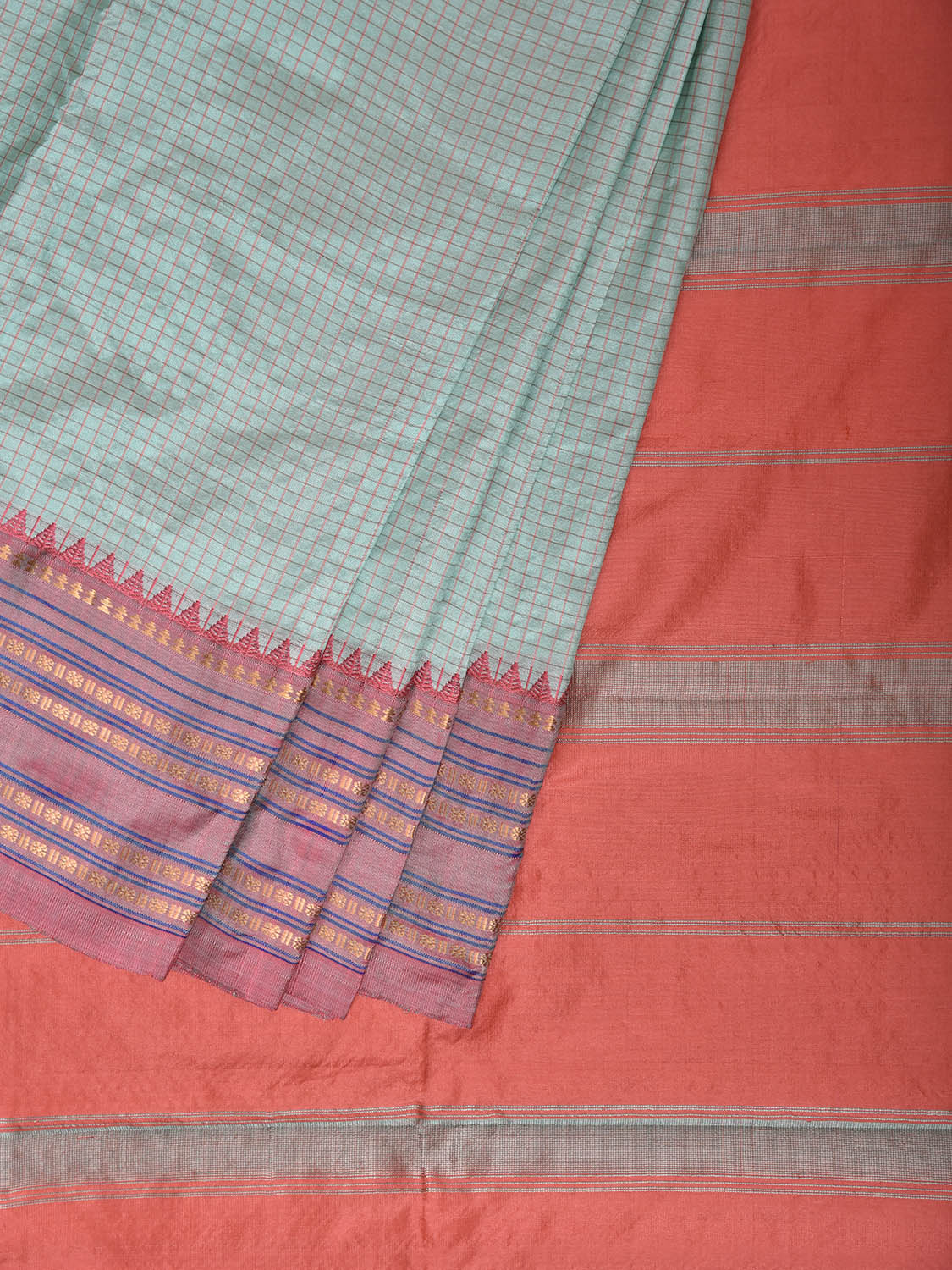 Light Turquoise and Peach Narayanpet Silk Saree with Checks and Contrast Pallu Design np1412