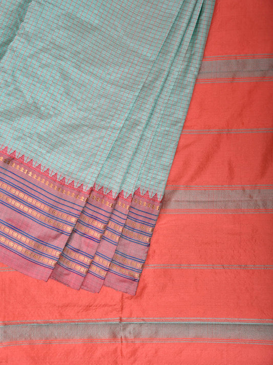 Light Turquoise and Peach Narayanpet Silk Saree with Checks and Contrast Pallu Design np1412