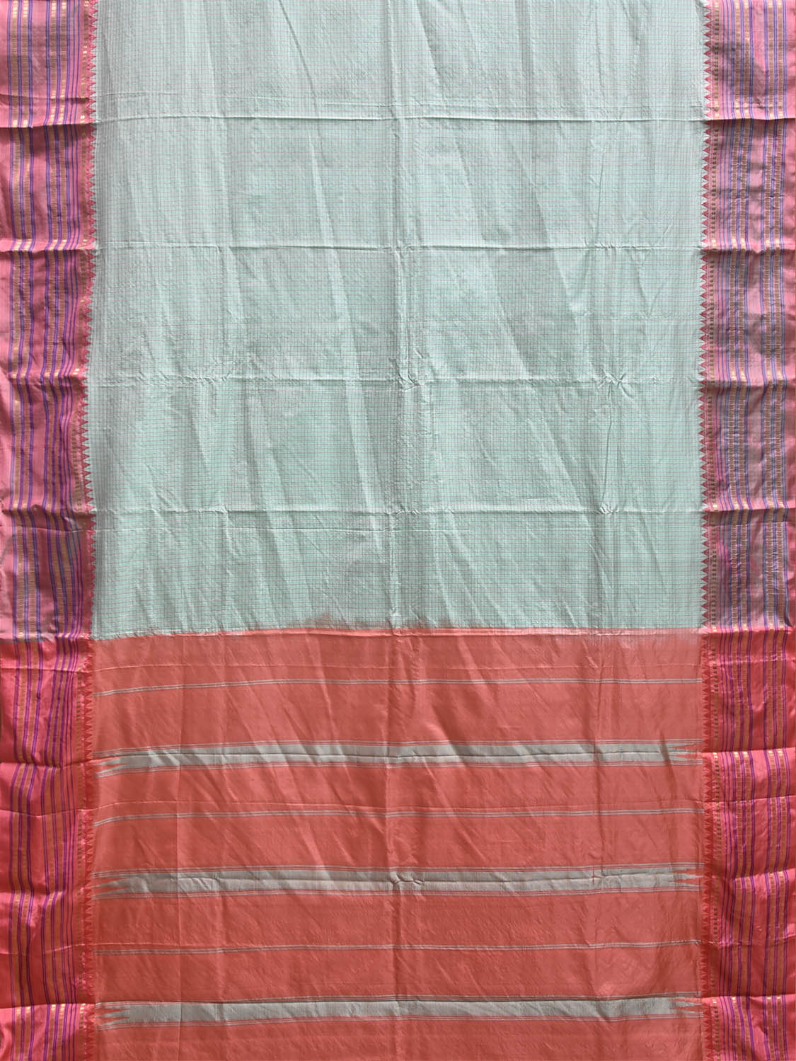 Light Turquoise and Peach Narayanpet Silk Saree with Checks and Contrast Pallu Design np1412
