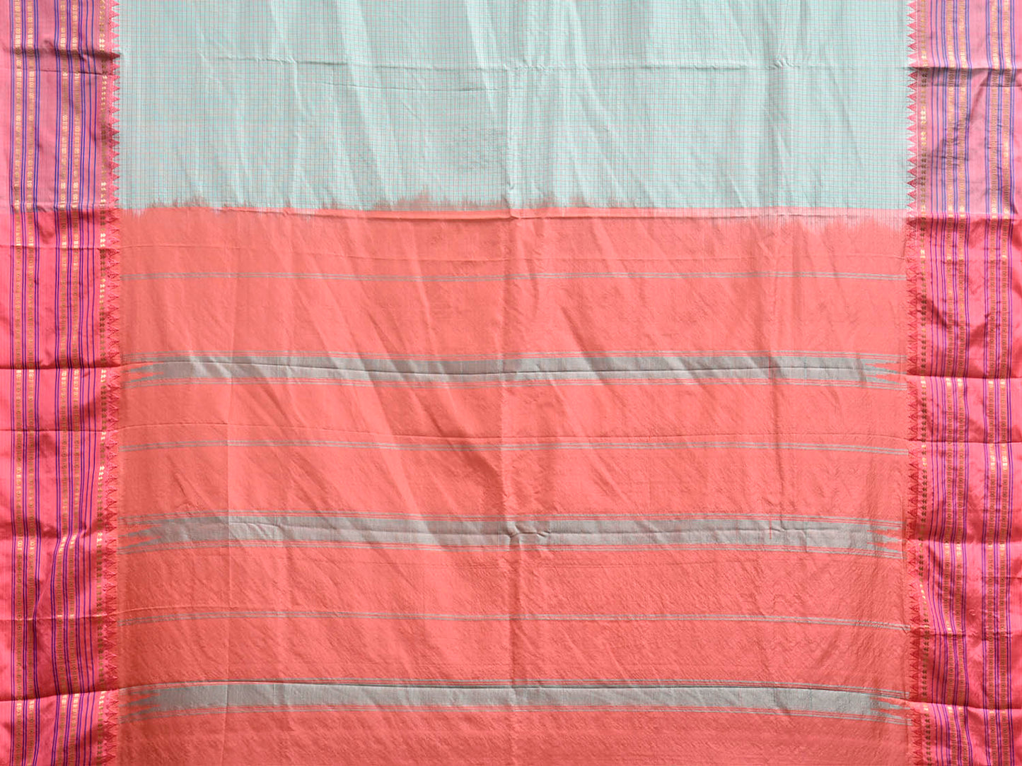 Light Turquoise and Peach Narayanpet Silk Saree with Checks and Contrast Pallu Design np1412