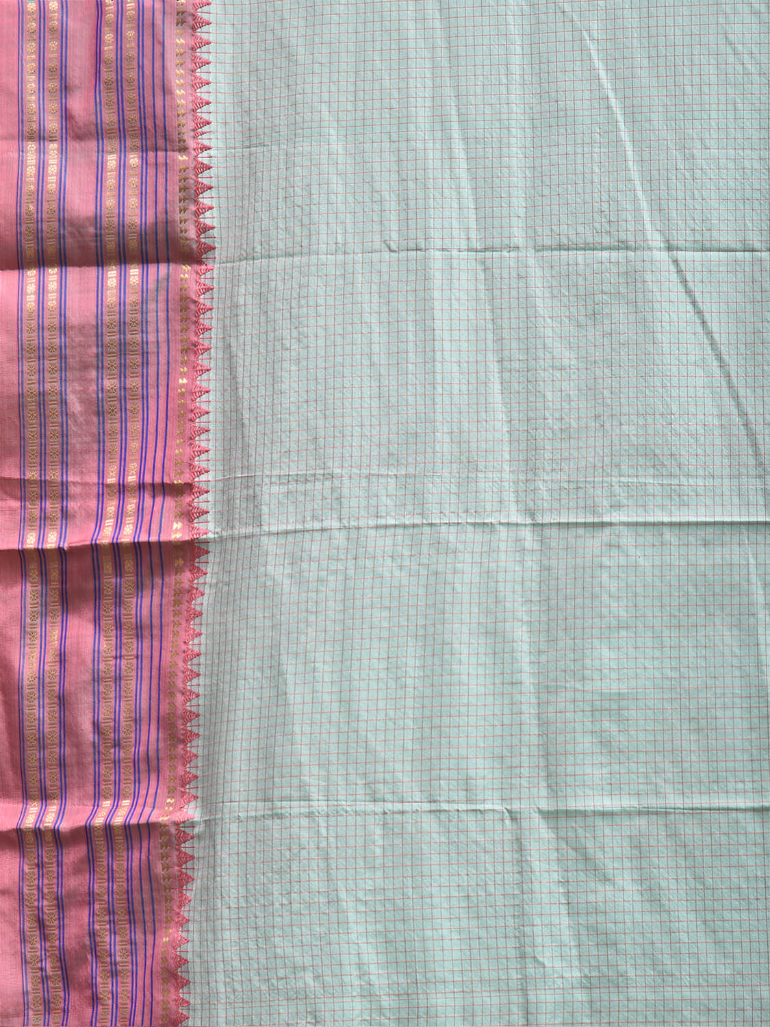 Light Turquoise and Peach Narayanpet Silk Saree with Checks and Contrast Pallu Design np1412