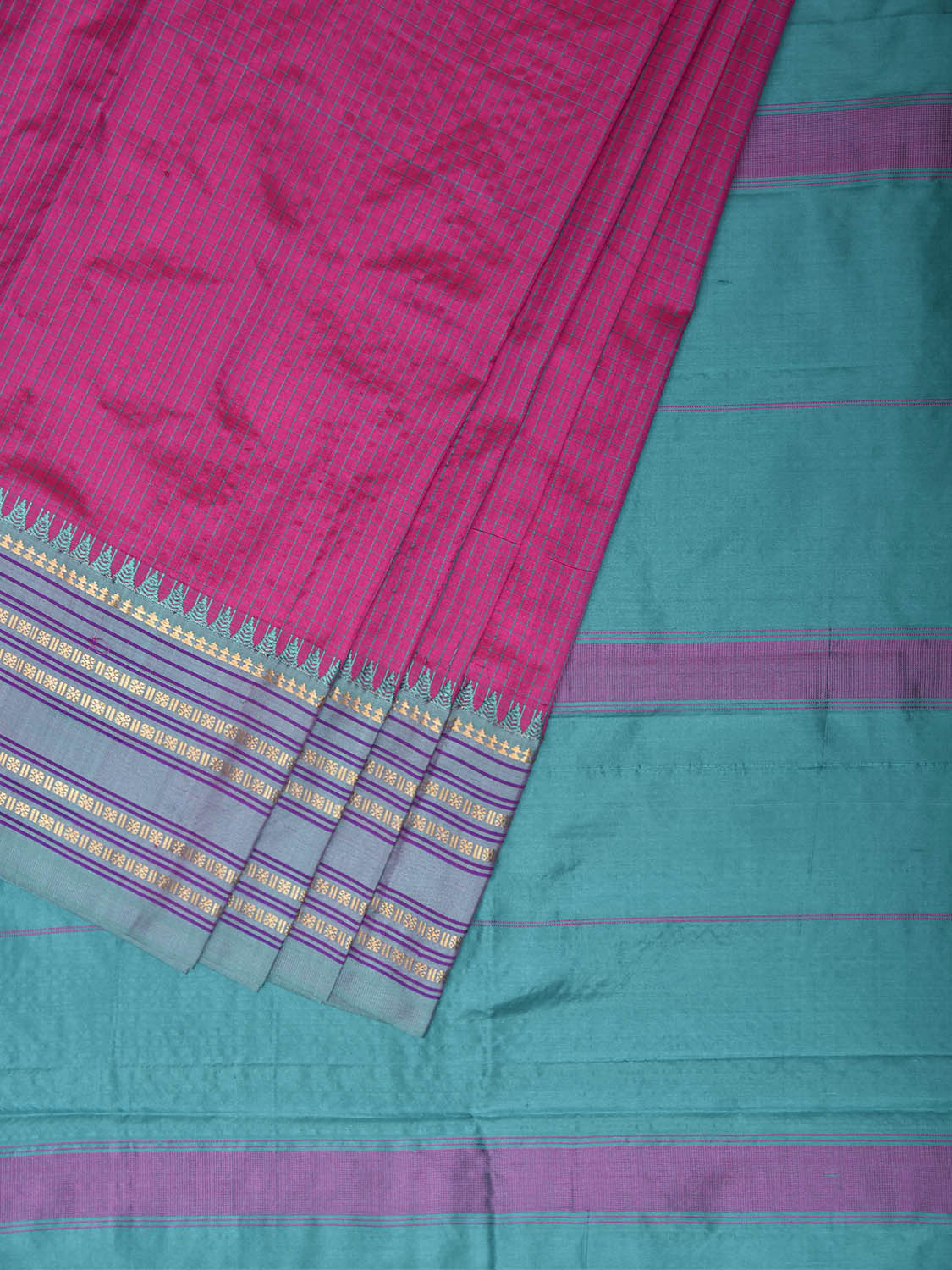 Pink and Light Blue Narayanpet Silk Saree with Checks and Contrast Pallu Design np1413