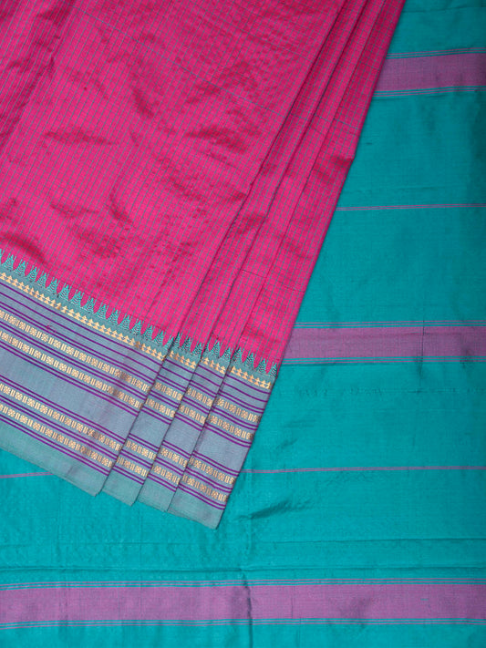 Pink and Light Blue Narayanpet Silk Saree with Checks and Contrast Pallu Design np1413