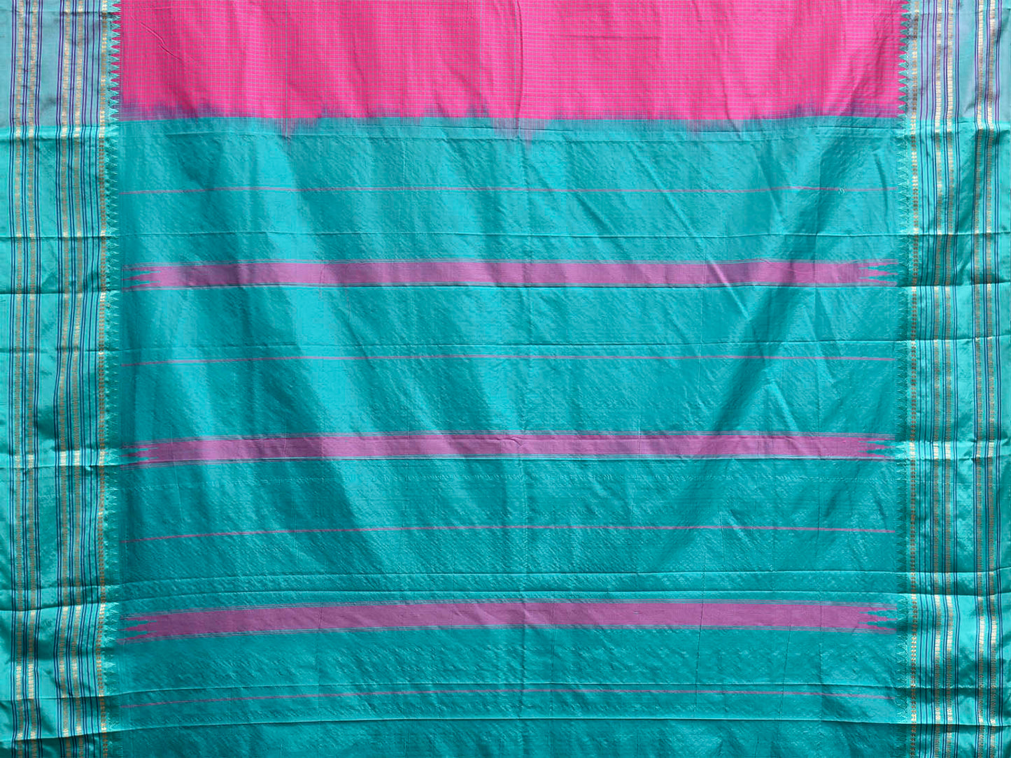 Pink and Light Blue Narayanpet Silk Saree with Checks and Contrast Pallu Design np1413