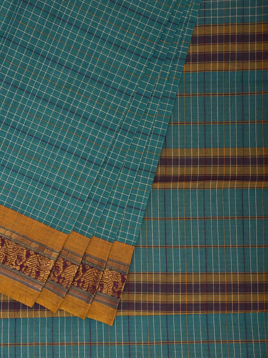 Turquoise and Yellow Narayanpet Cotton Handloom Saree with Checks Design No Blouse np1416