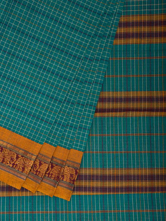 Turquoise and Yellow Narayanpet Cotton Handloom Saree with Checks Design No Blouse np1416