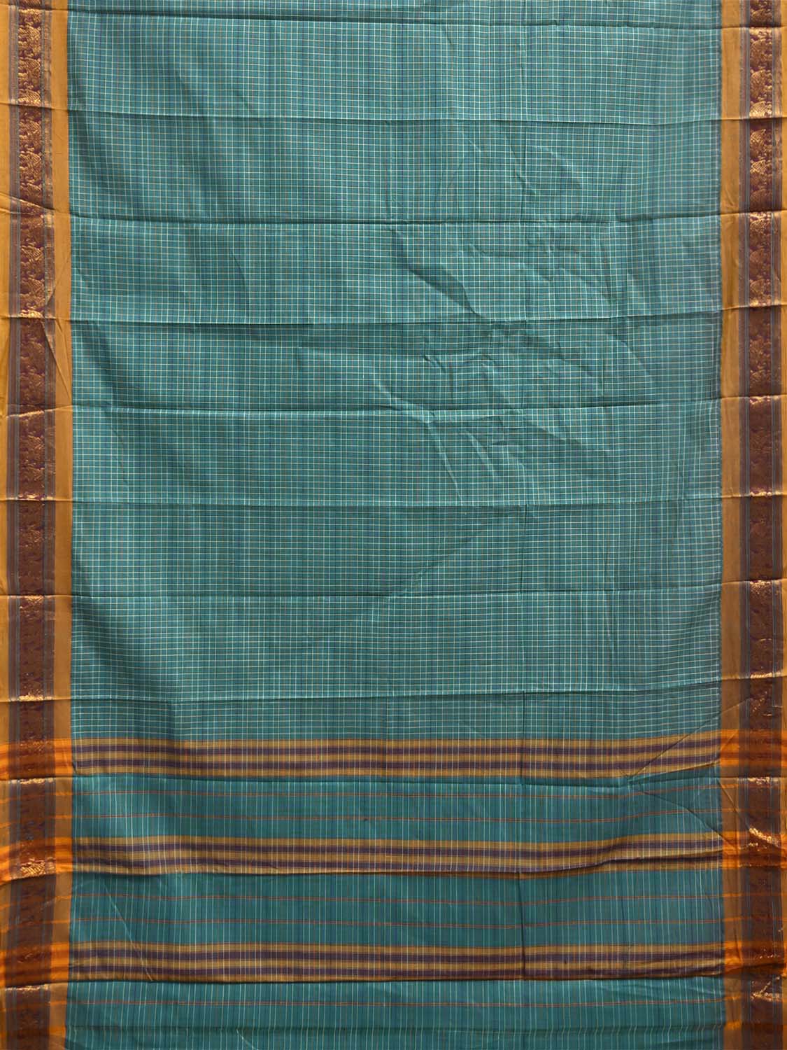 Turquoise and Yellow Narayanpet Cotton Handloom Saree with Checks Design No Blouse np1416