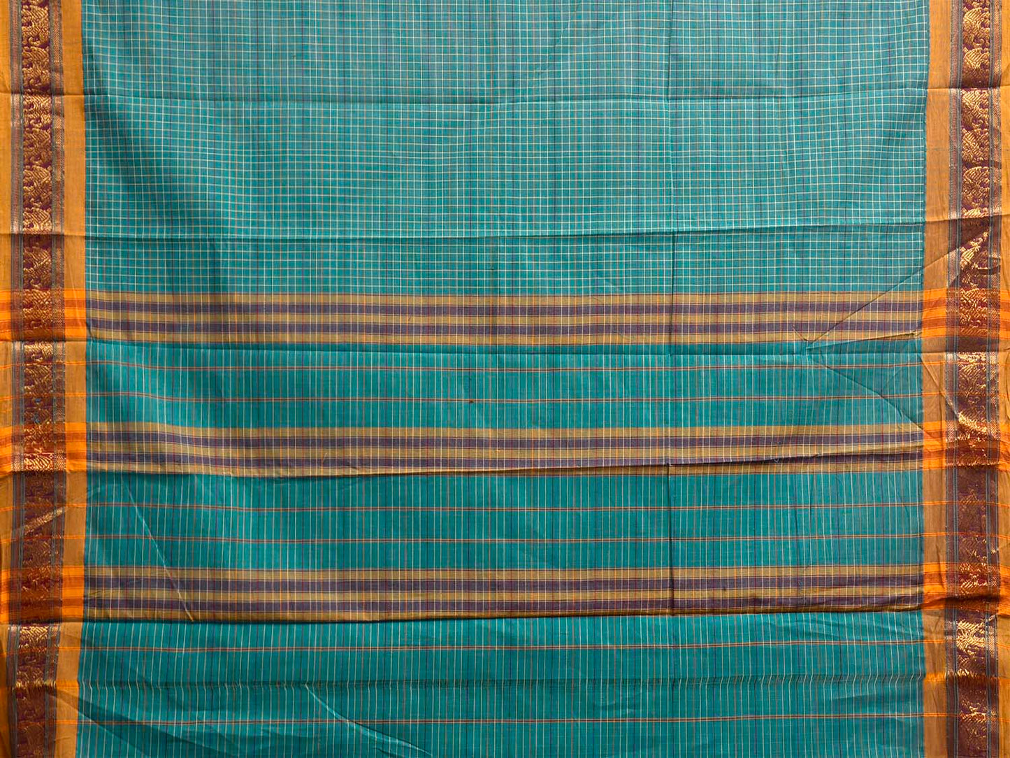 Turquoise and Yellow Narayanpet Cotton Handloom Saree with Checks Design No Blouse np1416