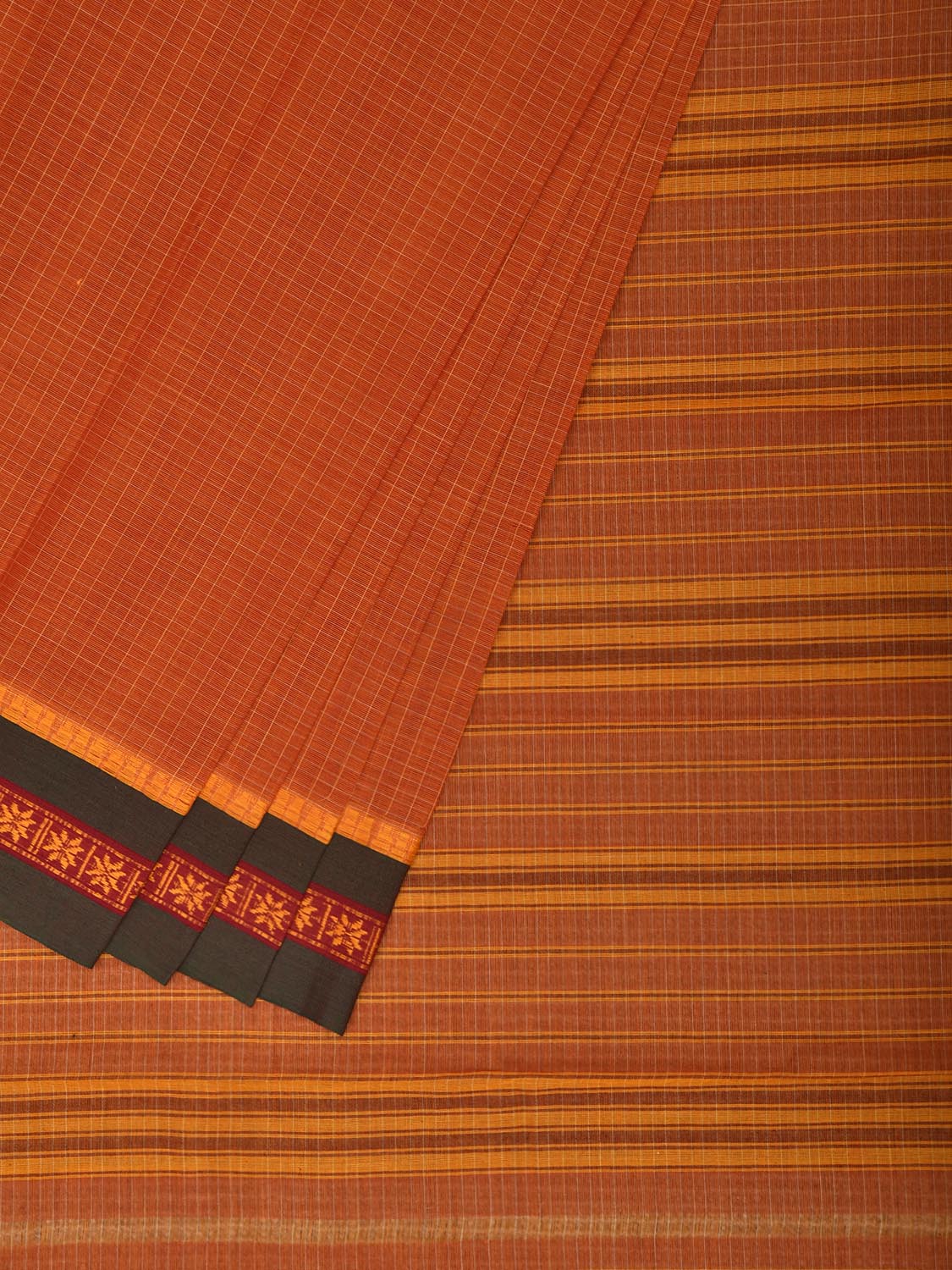 Orange and Green Narayanpet Cotton Handloom Saree with Checks Design No Blouse np1420