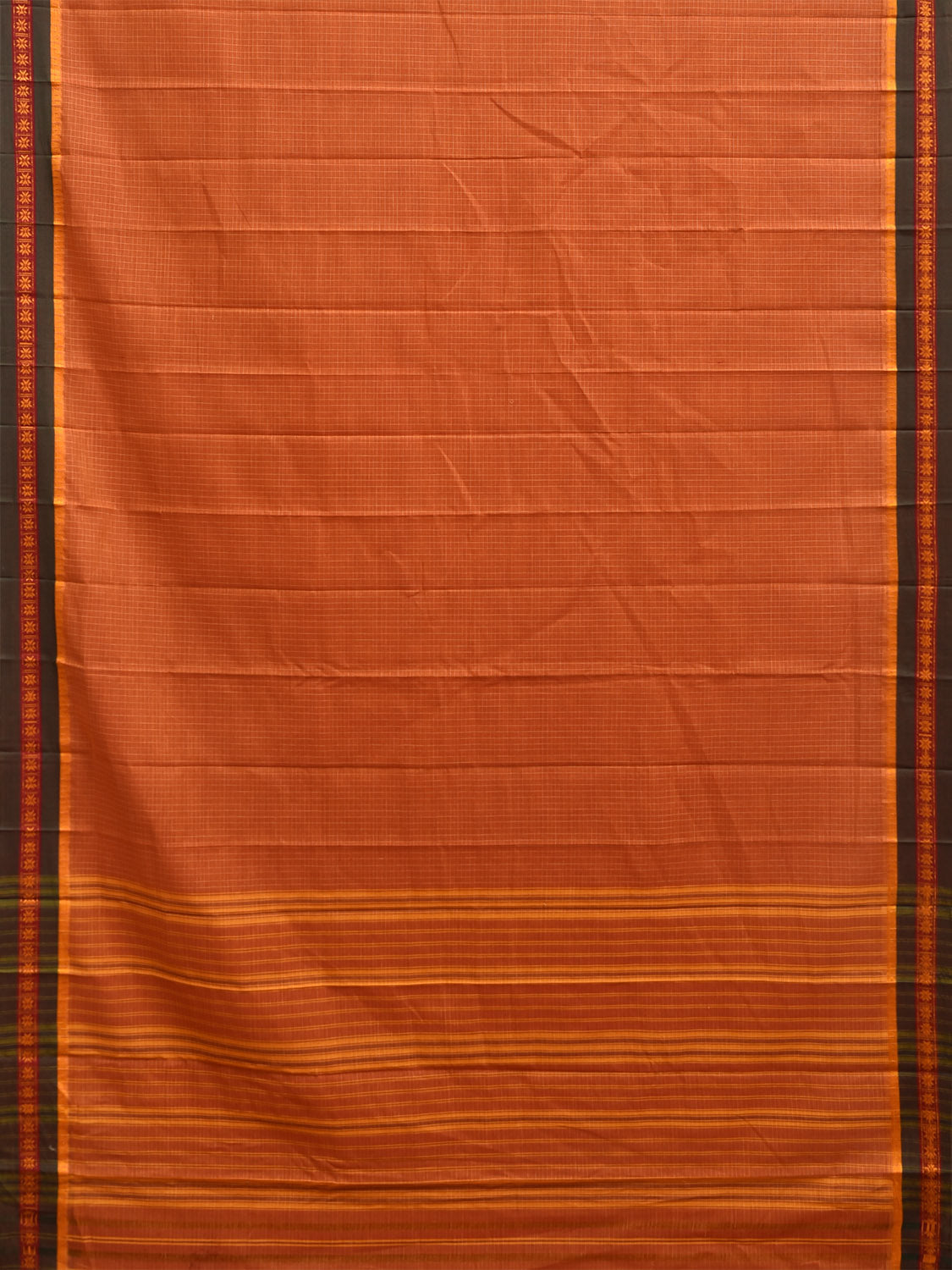 Orange and Green Narayanpet Cotton Handloom Saree with Checks Design No Blouse np1420