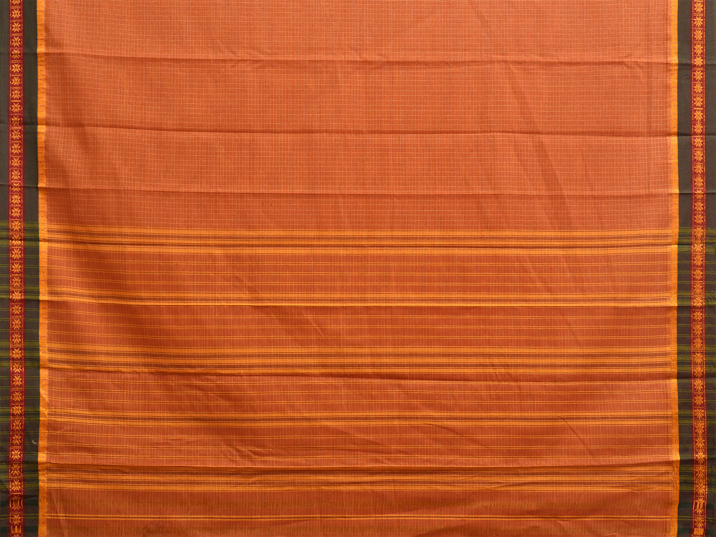 Orange and Green Narayanpet Cotton Handloom Saree with Checks Design No Blouse np1420
