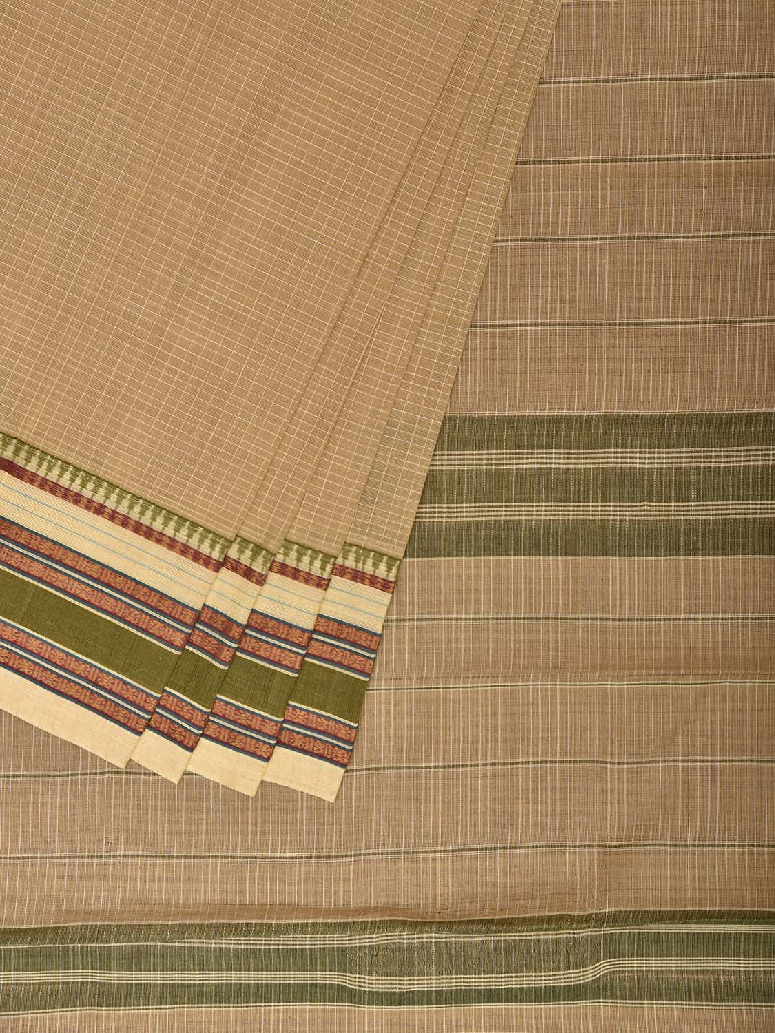 Cream and Olive Narayanpet Cotton Handloom Saree with Checks Design No Blouse np1421