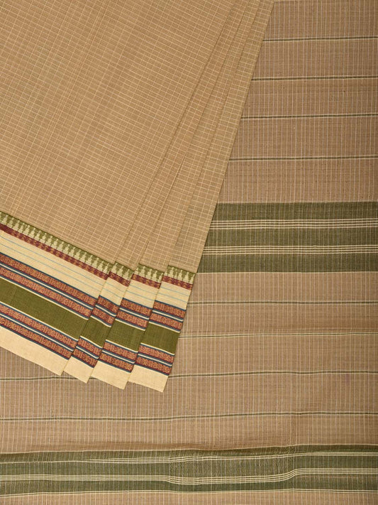 Cream and Olive Narayanpet Cotton Handloom Saree with Checks Design No Blouse np1421