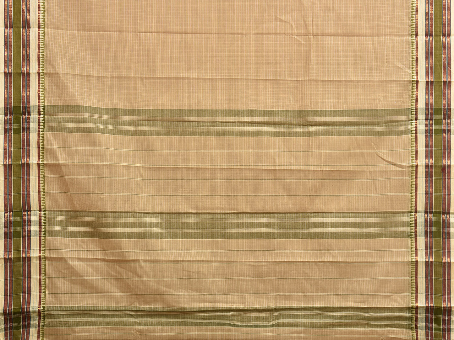 Cream and Olive Narayanpet Cotton Handloom Saree with Checks Design No Blouse np1421