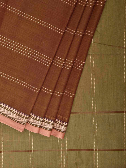 Light Brown and Light Green Narayanpet Cotton Saree with Strips Body Design No Blouse np1423