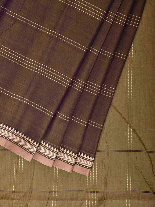 Olive Narayanpet Cotton Saree with Strips Body Design No Blouse np1425