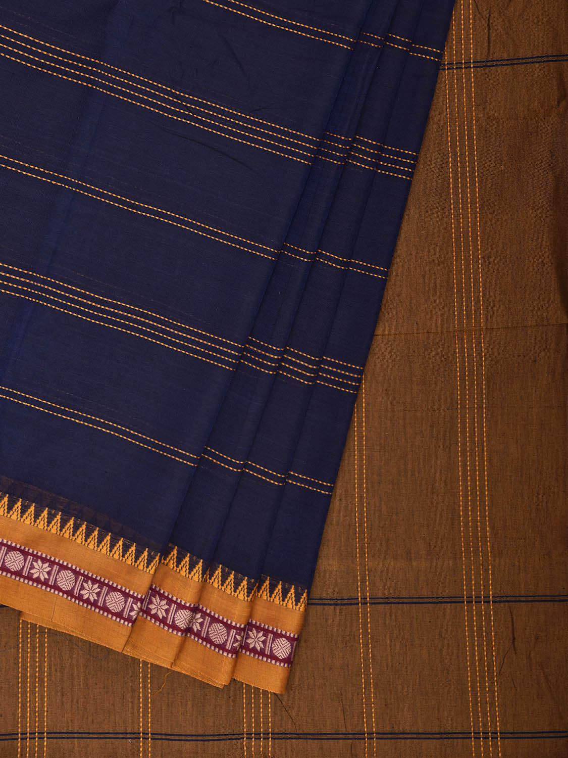 Dark Blue and Yellow Narayanpet Cotton Saree with Strips Body Design No Blouse np1426
