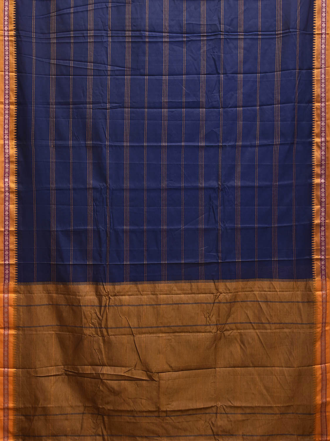 Dark Blue and Yellow Narayanpet Cotton Saree with Strips Body Design No Blouse np1426