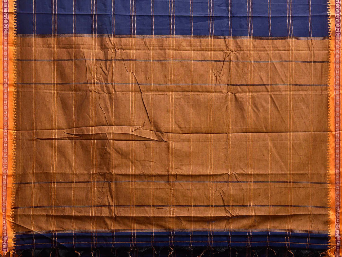 Dark Blue and Yellow Narayanpet Cotton Saree with Strips Body Design No Blouse np1426